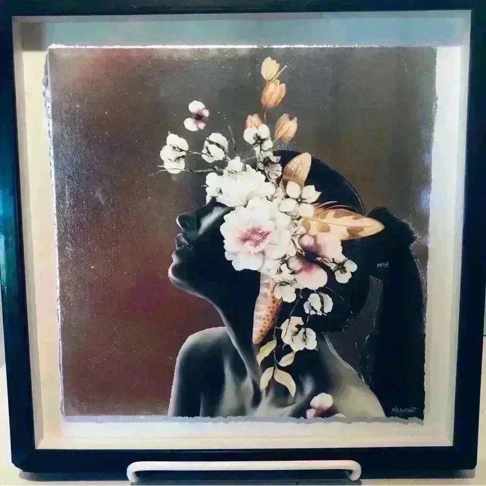 Marmont silver foil woman and flowers  shadow box.